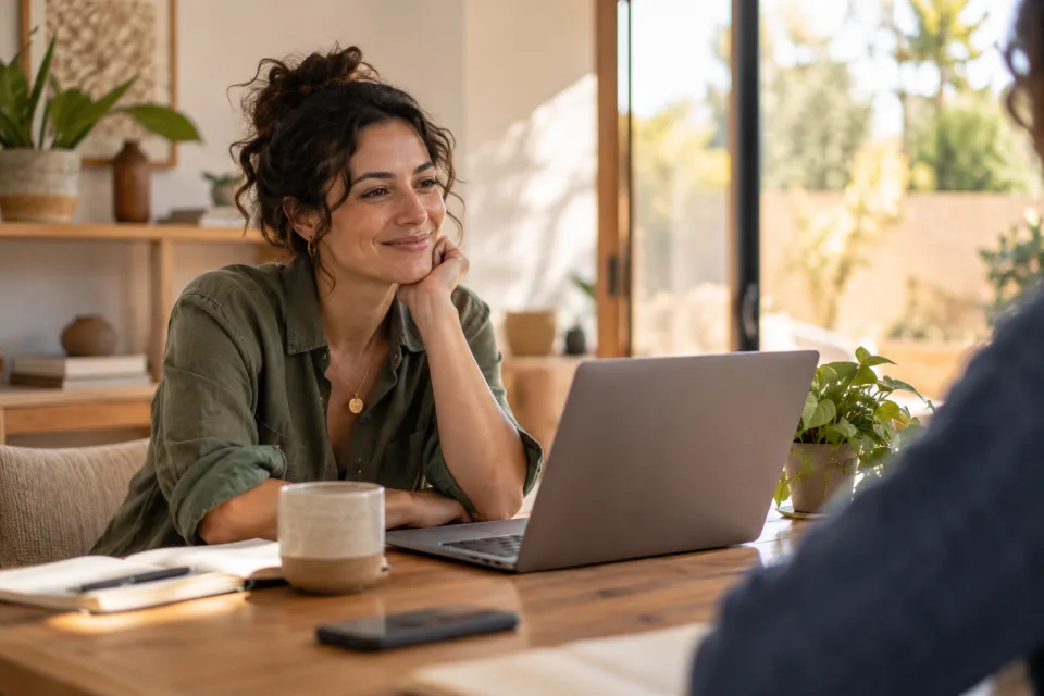 Professional closing a project conversation in a calm workspace