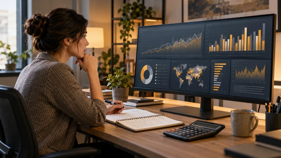 Data analyst studying visual dashboards