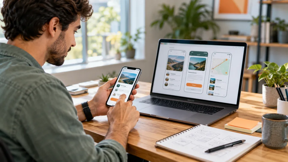 Mobile developer testing an application on a phone