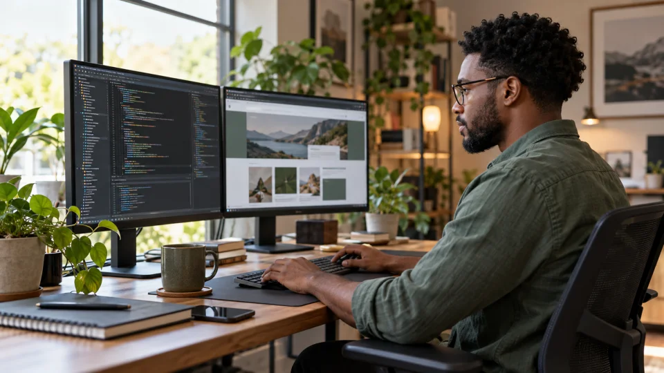 Web developer building an application at a desk