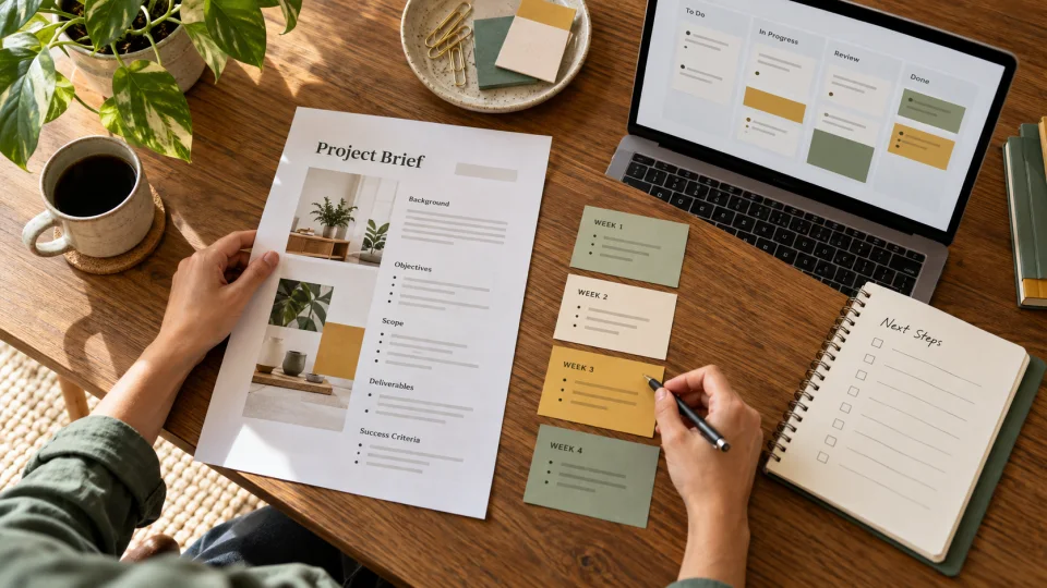 Freelance project brief, milestones and notes arranged on a working desk