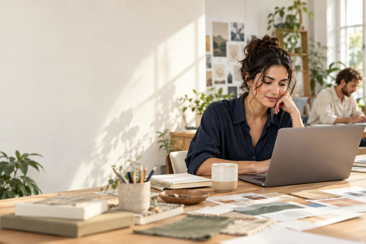Independent professional reviewing creative work at a desk